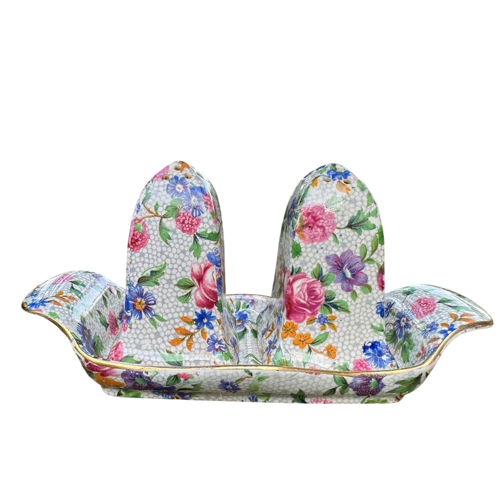Royal Winton Old Cottage Chintz Salt Pepper Shakers Tray Grimwades England 1930s